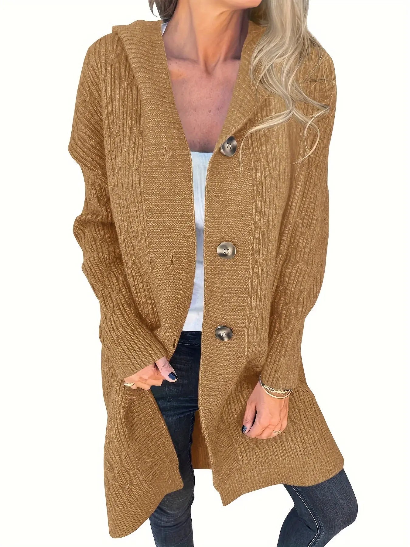 Women's Thick Thread Knitted Long Cardigan Warm Cardigan Sweater Hooded Knitted Sweater Buttoned Jacket MyFave Boutique