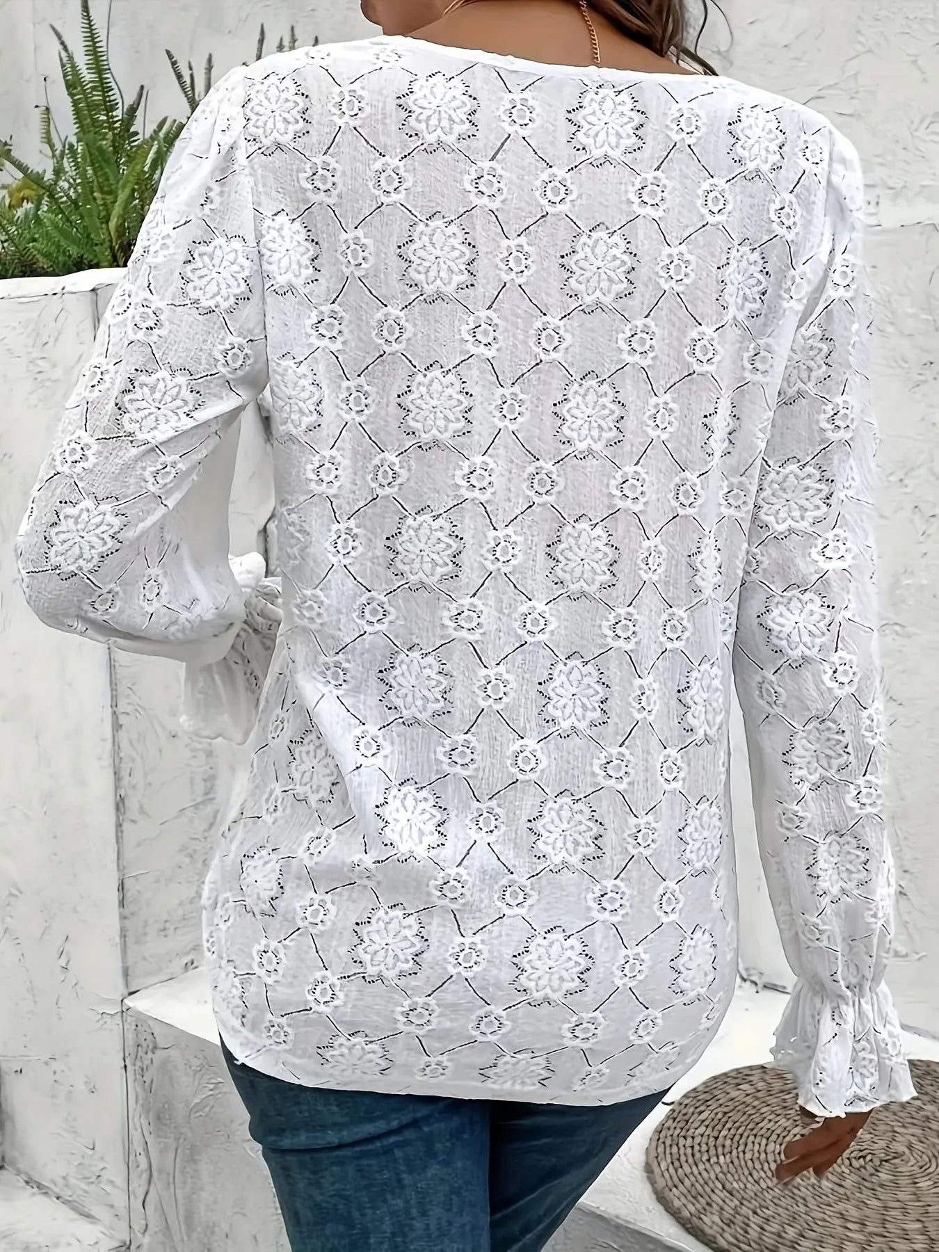 Floral Lace Single Breasted V-neck Blouse, Elegant Long Sleeve Loose Blouse For Spring & Fall, Women's Clothing MyFave Boutique