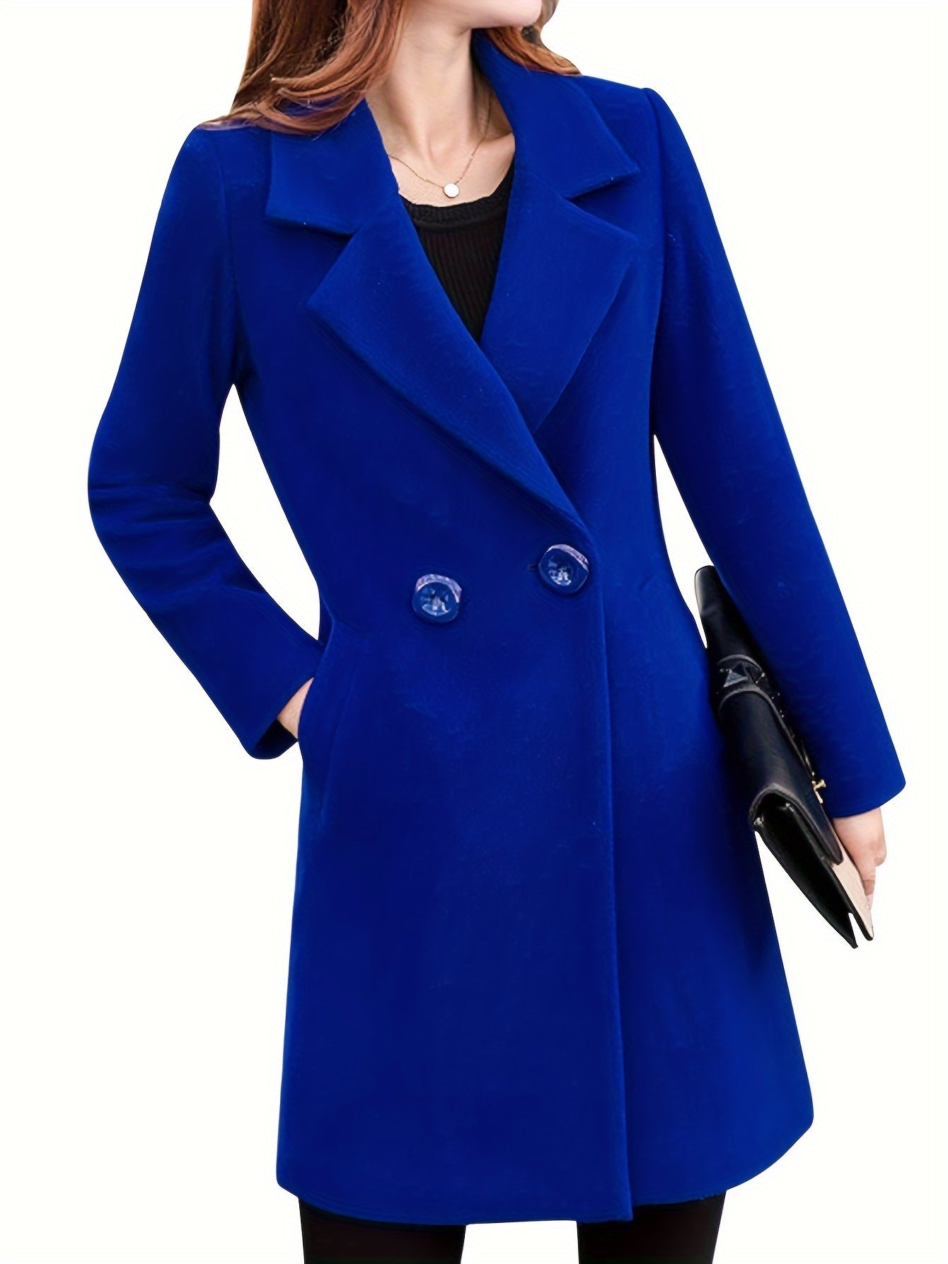 Womens Button Wool Blend Elegant Notched Collar Double Breasted Midi Long Pea Coat MyFave Boutique