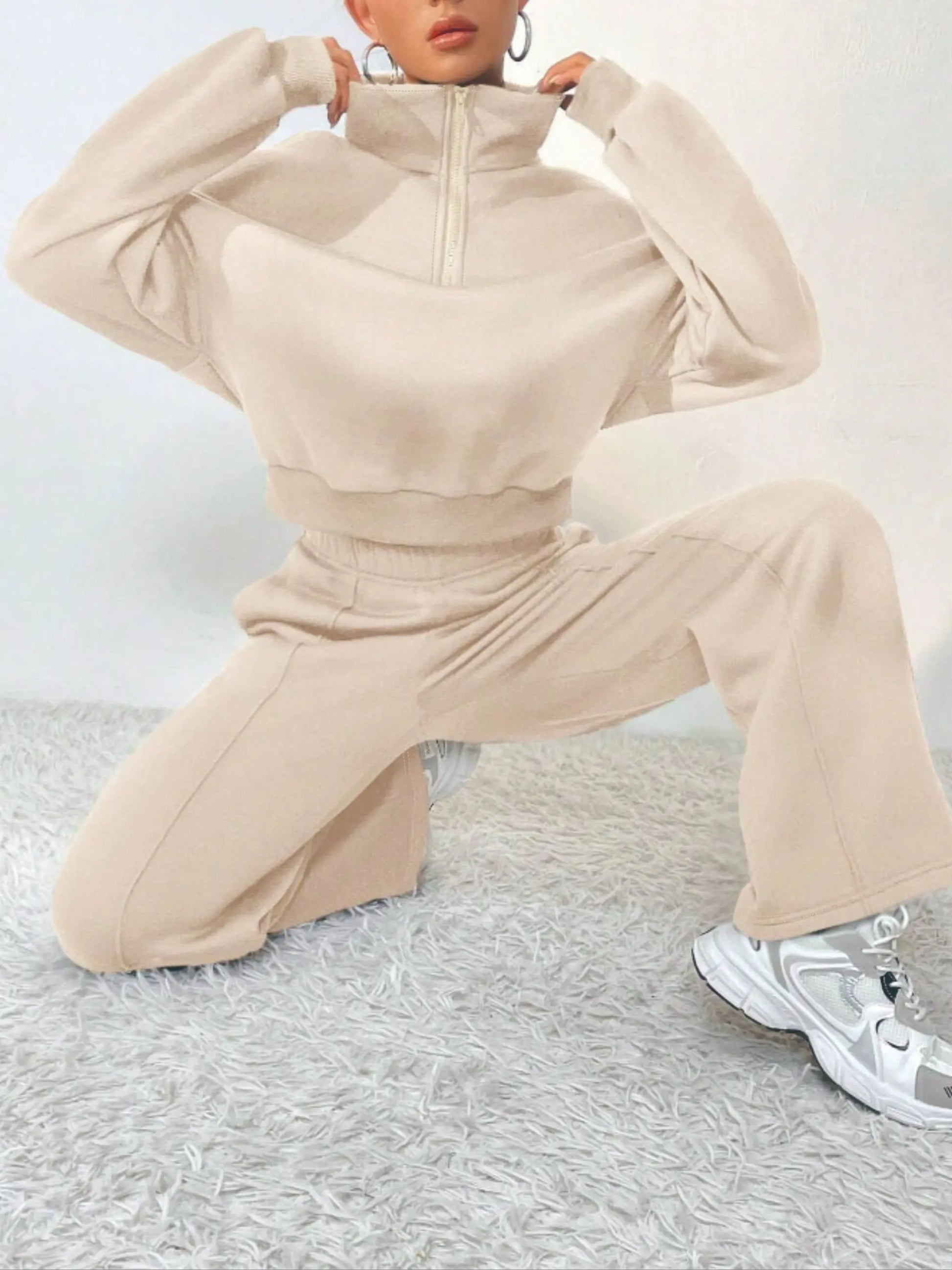 Solid Color Casual Pantsuits, Quarter Zip Drop Shoulder Long Sleeve Sweatshirt & Elastic High Waist Pants Outfits, Women's Clothing MyFave Boutique