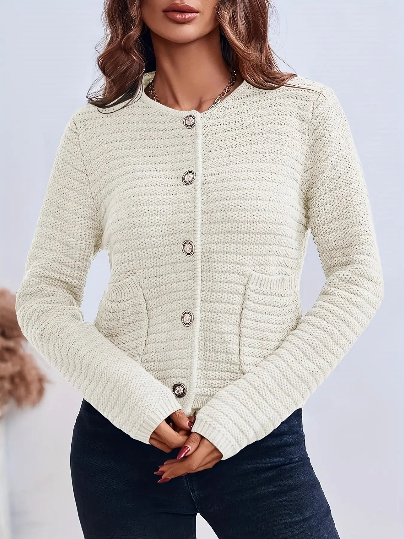 Women's Solid Color Button Front Cardigan with Side Pockets - Elegant Crew Neck Knitwear for Winter & Fall MyFave Boutique