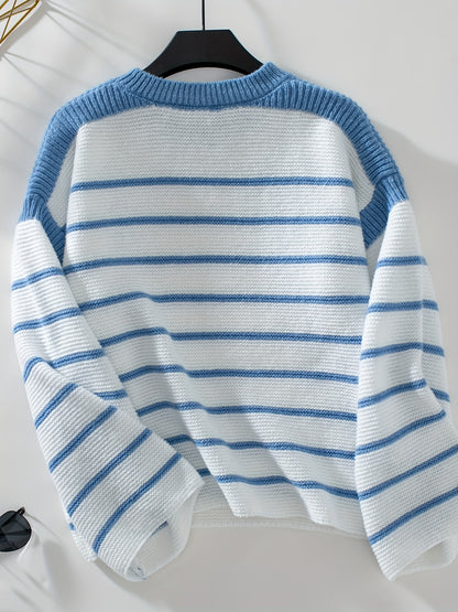 Striped Color Block Crew Neck Sweater, Casual Long Sleeve Sweater For Fall & Winter, Women's Clothing MyFave Boutique