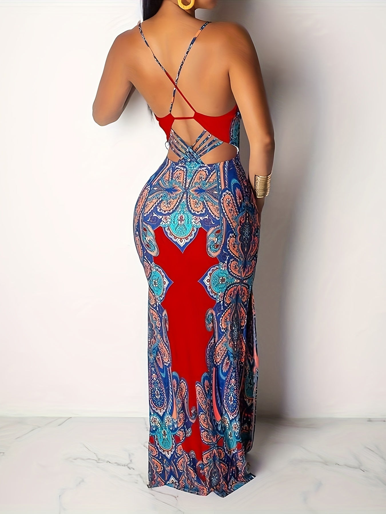 Womens Spaghetti Strap Leaf Printed Maxi Dress Bandage Bodycon Beach Holiday Long Dress MyFave Boutique