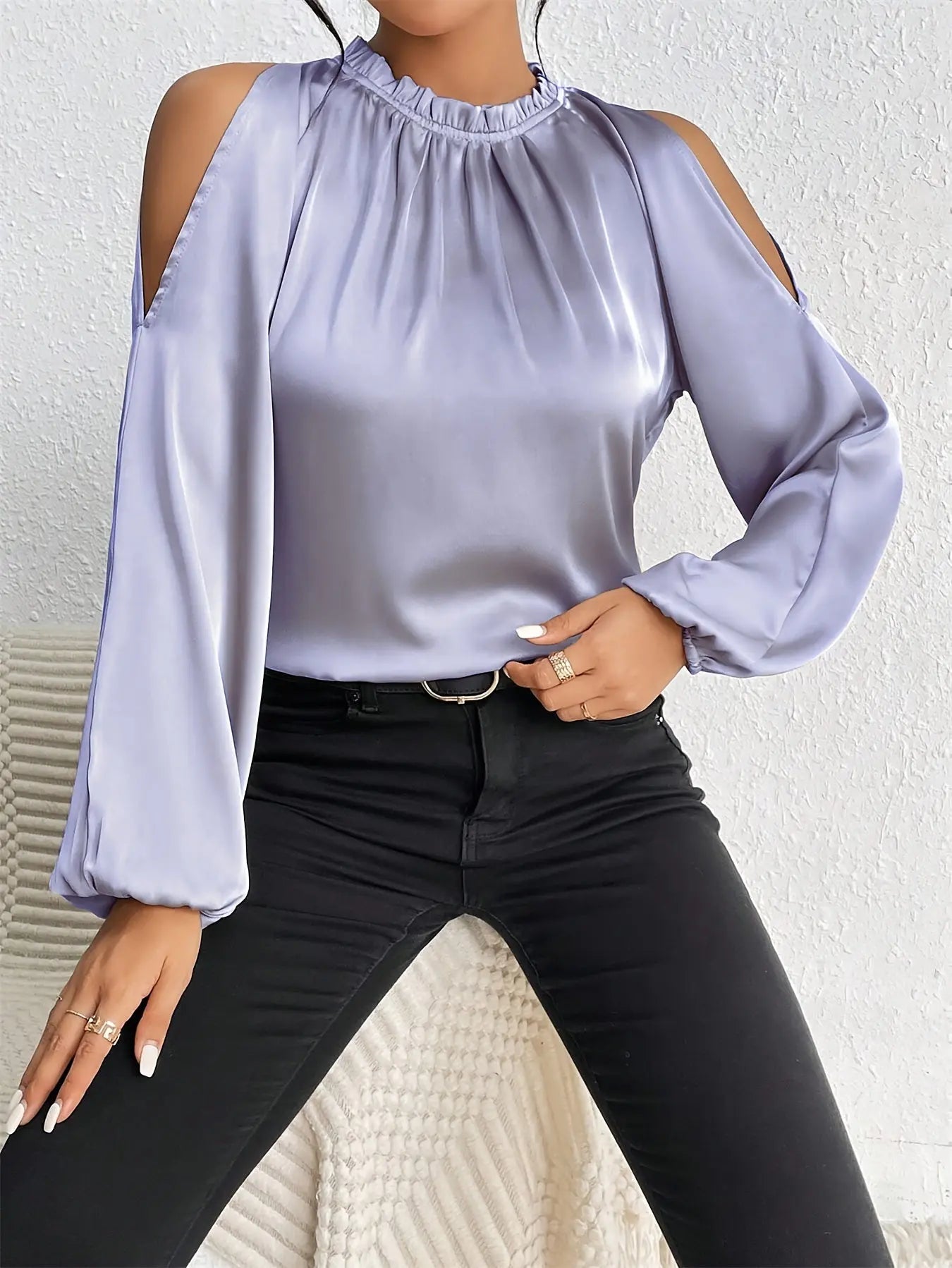 Cold Shoulder Mock Neck Blouse, Casual Lantern Sleeve Blouse For Spring & Fall, Women's Clothing MyFave Boutique