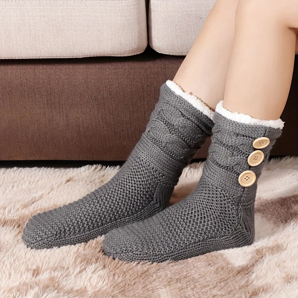 Women's Winter Thick Warm Knitted Socks with Non-Slip Rubber Dots, Plush Acrylic Floor Socks with Pom-Poms, Hand Washable - 1 Pair MyFave Boutique