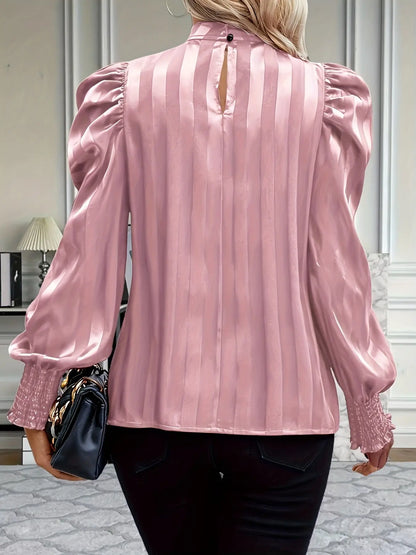 Mock Neck Puff Sleeve Blouse, Elegant Shirred Trim Blouse For Spring & Fall, Women's Clothing MyFave Boutique