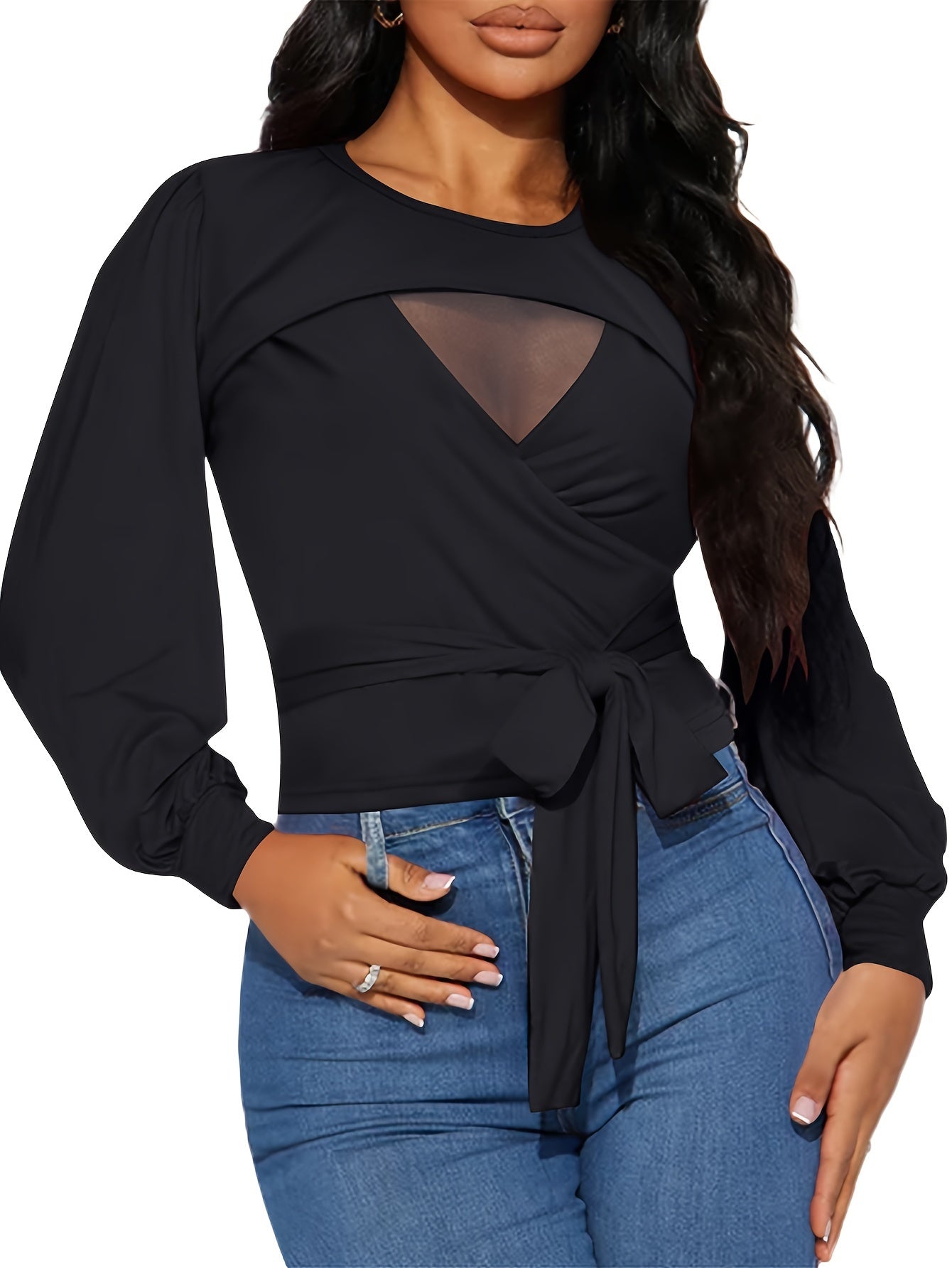 Women's Elegant Long Sleeve Mesh Blouse with Belted Waist - Casual Pullover Top MyFave Boutique