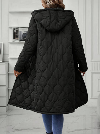 Elegant Long Hooded Puffer Coat, Quilted Winter Jacket With Zip Detail, Women's Clothing MyFave Boutique