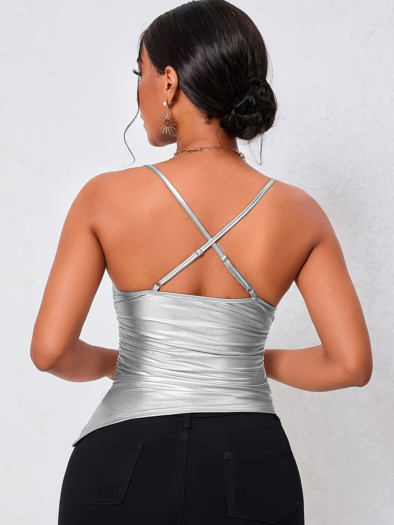 PU Leather Spaghetti Strap Top, Casual Criss Cross Back Ruched Side Camisoles For Spring & Summer, Women's Clothing MyFave Boutique