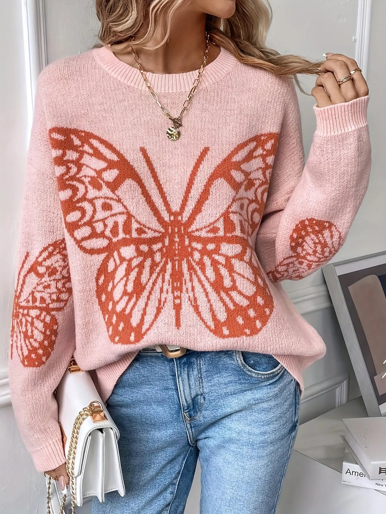 Elegant Butterfly Print Drop Shoulder Sweater for Women, Long Sleeve Fall Winter Cozy Knitwear MyFave Boutique