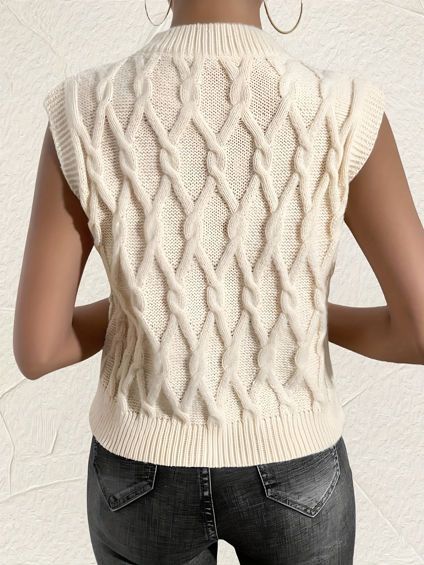 Solid Crew Neck Cable Knit Vest, Casual Sleeveless Slim Top, Women's Clothing MyFave Boutique