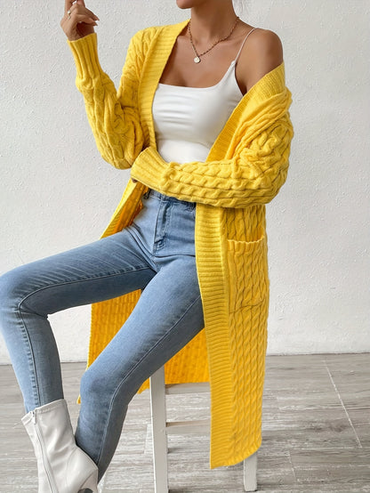 Long Sleeve Cable Knit Cardigan, Casual Drop Shoulder Open Front Cardigan For Spring & Fall, Women's Clothing MyFave Boutique