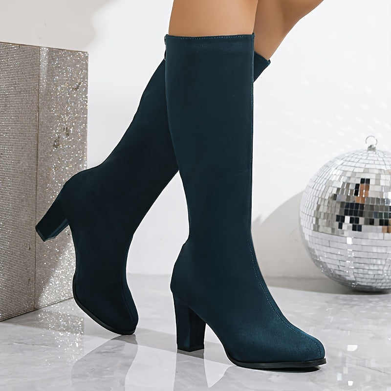 Stylish Women's Knee High Heeled Boots with Back Zipper - Solid Color Block Design for Fashionable Dressing MyFave Boutique