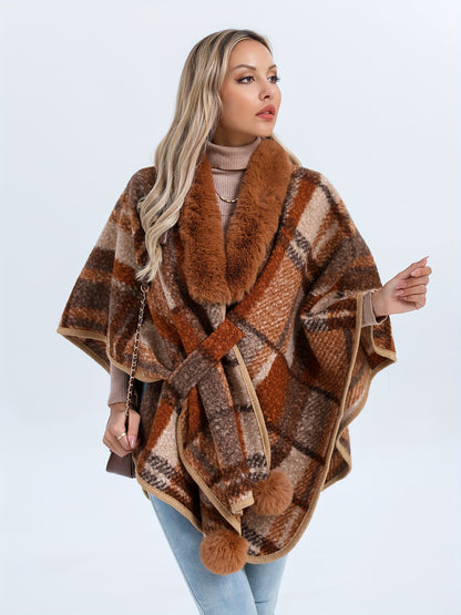 Plaid Pattern Batwing Sleeve Gathered Cape, Elegant Open Front Fuzzy Trim Pom Hem Cardigan For Fall & Winter, Women's Clothing MyFave Boutique