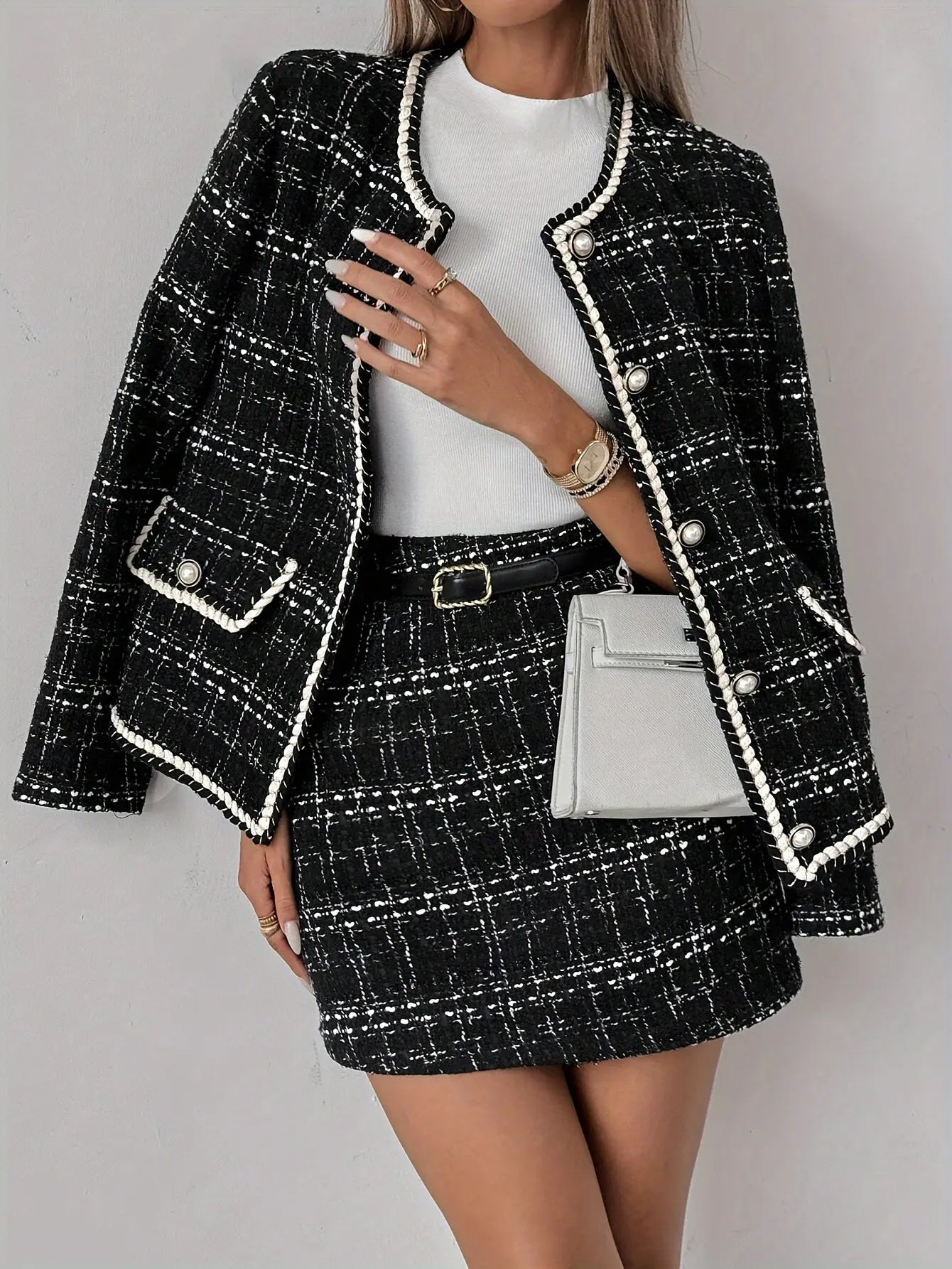 2pcs Elegant Women's Plaid Patchwork Ribbon Trim Long Sleeve Jacket and Skirt Suit, Spring and Autumn Without Belt MyFave Boutique