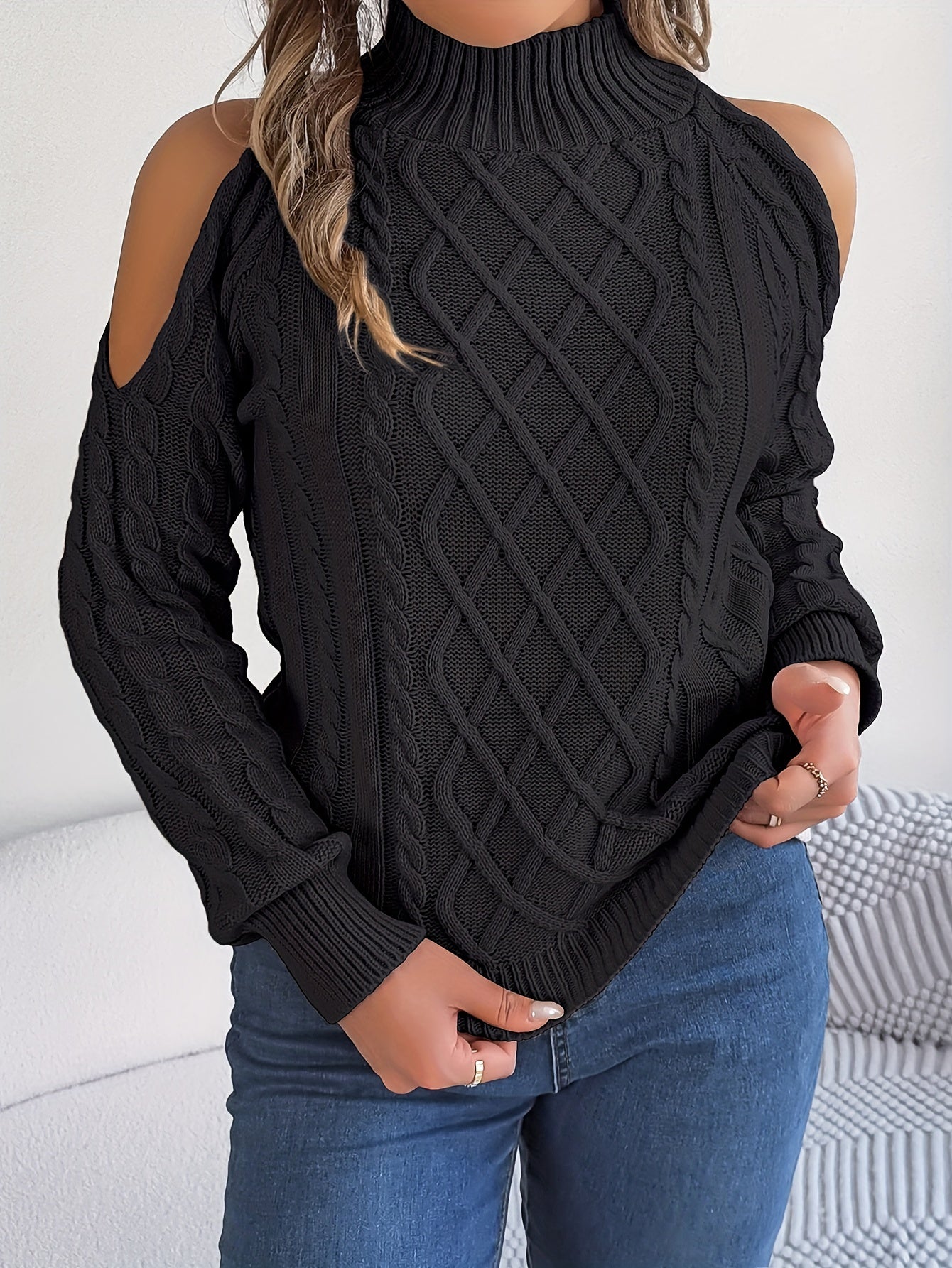 Solid Turtle Neck Cable Knit Sweater, Casual Cold Shoulder Long Sleeve Sweater, Women's Clothing MyFave Boutique