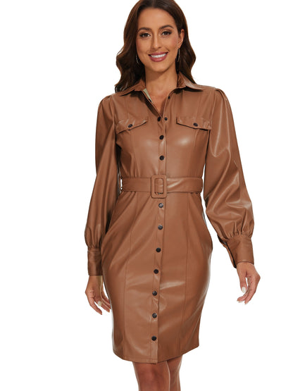 Solid Faux Leather Belted Dress, Vintage Single Breasted Long Sleeve Bodycon Dress, Women's Clothing MyFave Boutique