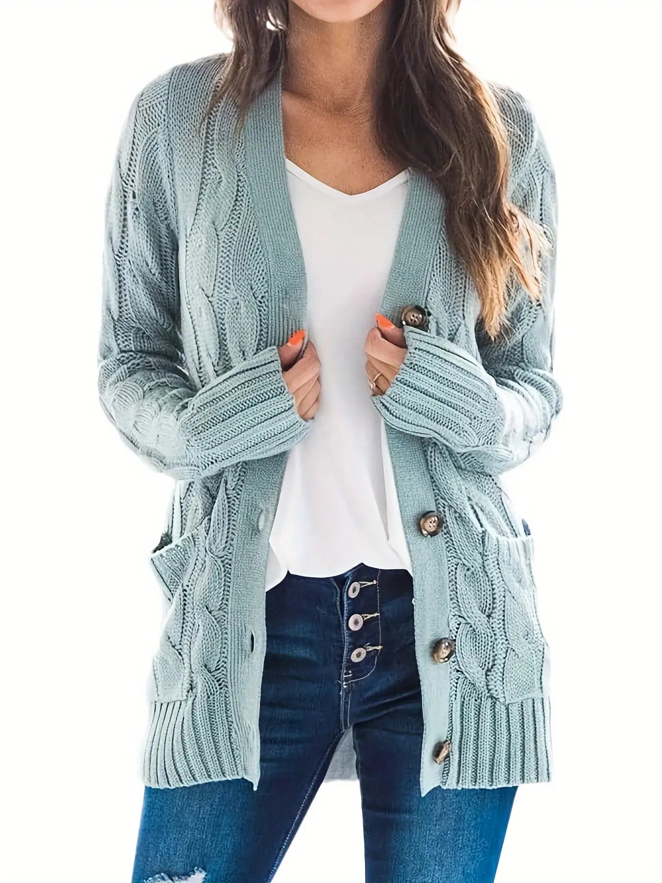 Stylish Cable Knit Button Front Cardigan with V Neck and Pockets for Women's Fall & Winter Wardrobe MyFave Boutique