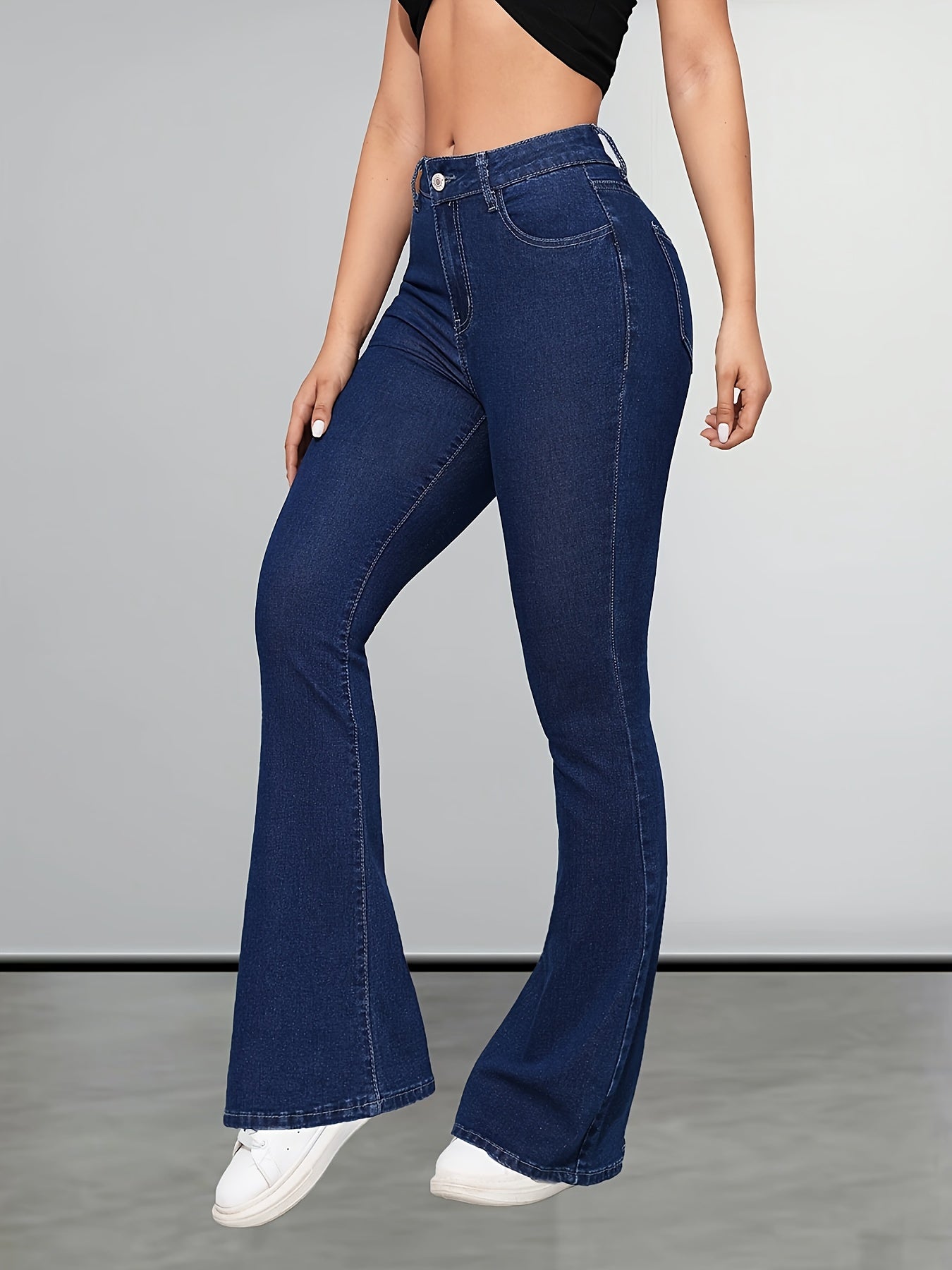 Women's High Waist Flare Jeans - Casual Stretch Denim Bell Bottom Pants with Button Fly, Solid Color, Long Length, All-Season Comfort - 70% Cotton, 27.6% Polyester, 2.4% Spandex MyFave Boutique