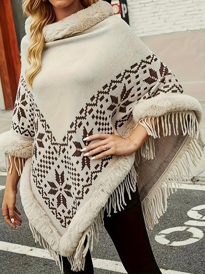 Geo Print Faux Fur Trim Fringe Poncho, Thermal Hanky Hem Poncho For Fall & Winter, Women's Clothing MyFave Boutique