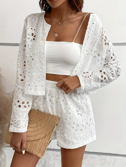 Casual Hollow Out Shorts Set, Open Front Long Sleeve Blouse & High Waist Loose Shorts For Summer, Women's Clothing MyFave Boutique