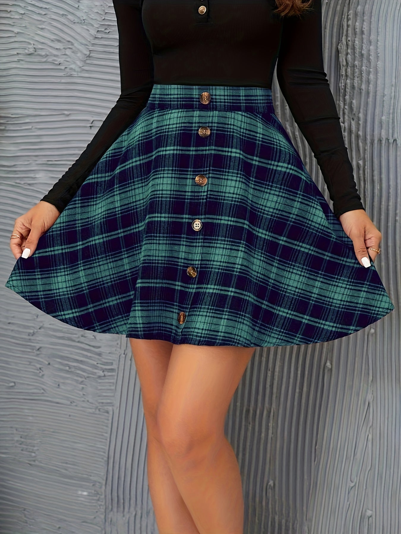 Plaid Print Button Front Skirt, Elegant High Waist Ruffle Mini Skirt, Women's Clothing MyFave Boutique