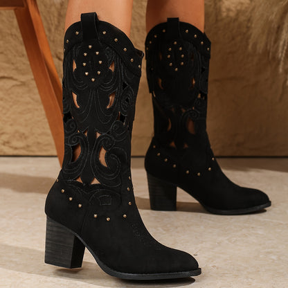 Women's Stylish Studded Boots, Pull On V Cut Out Breathable Chunky Heel Boots, Mid-Calf Western Cowboy Knight Boots MyFave Boutique