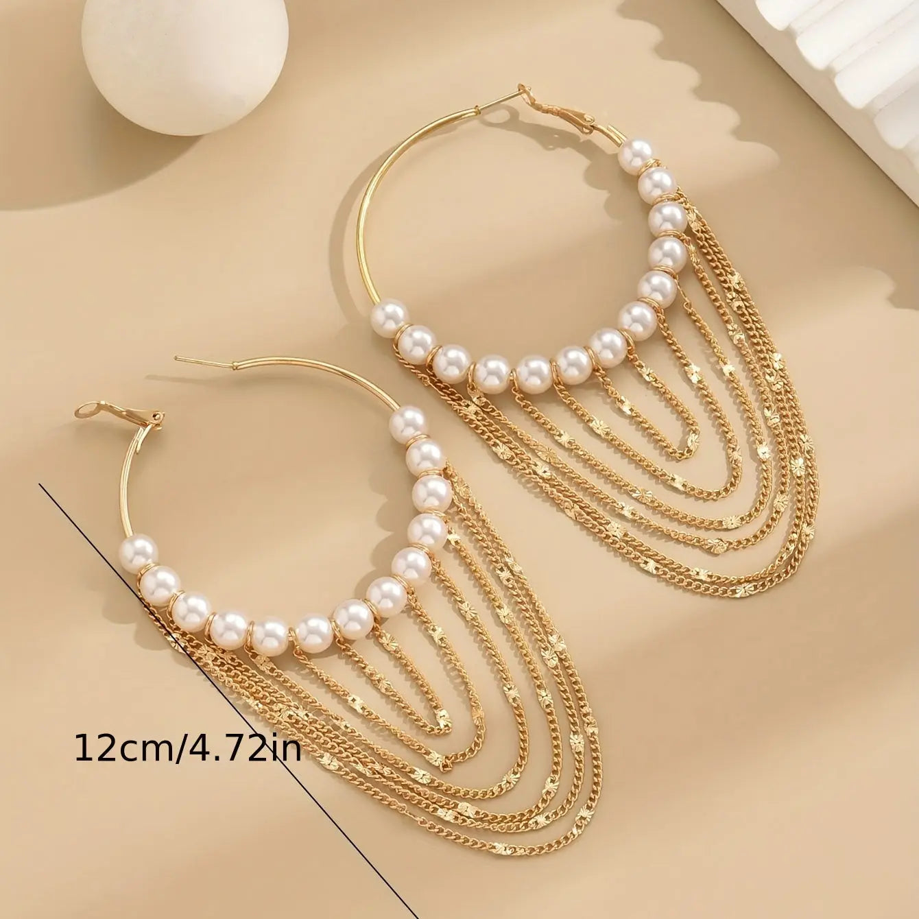 Chain Tassel Pendant Faux Pearl Decor Hoop Earrings Elegant Simple Style Alloy Jewelry Delicate Female Gift MyFave Boutique