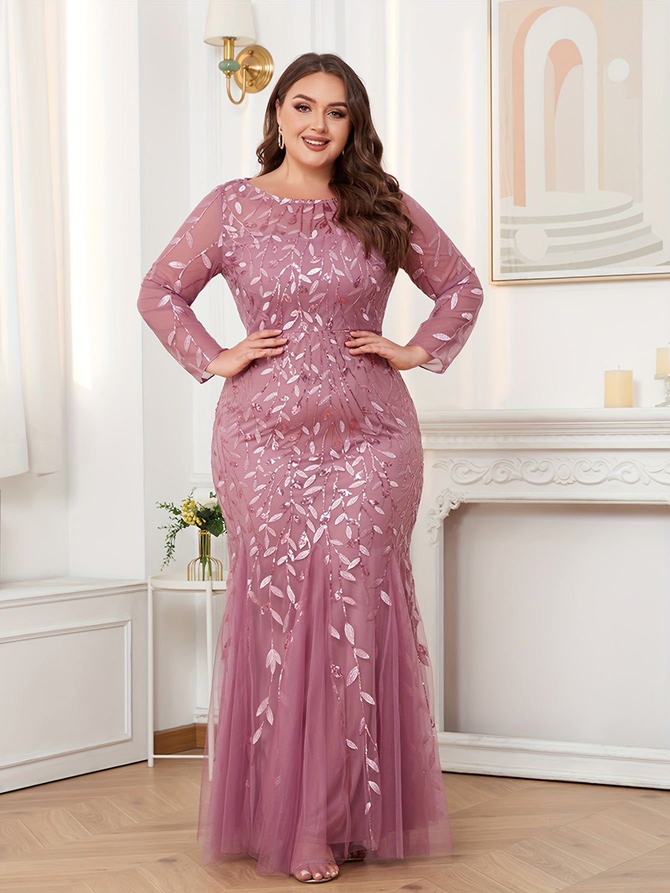 Elegant Women's Embroidered Beads Bodycon Evening Gown with Long Sleeves, Crew Neckline, and Slim Fish Tail Design for Bridesmaid, Cocktail Party, and Special Occasions MyFave Boutique