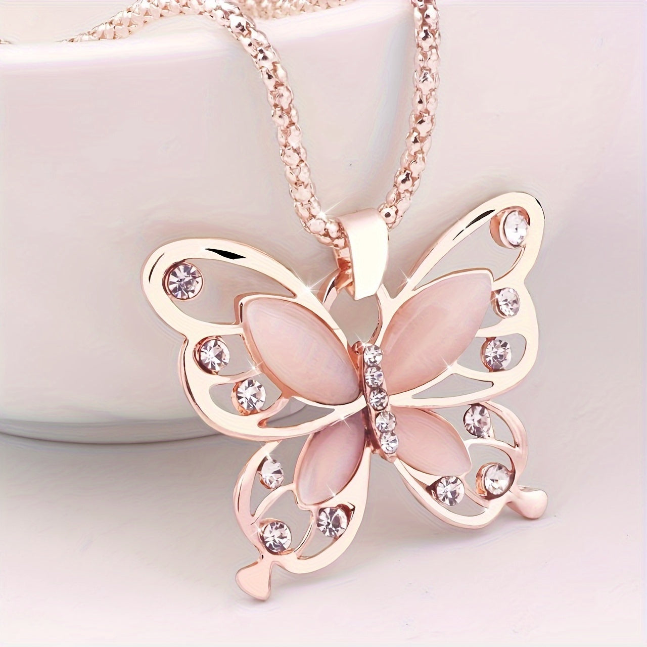 Rose Golden Color Opal Butterfly Pendant Necklace Animal Design Sweater Chain Long Necklace For Women Jewelry MyFave Boutique