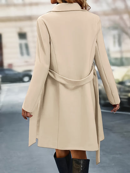 Double-breasted Notched Lapel Coat, Elegant Solid Long Sleeve Longline Belted Coat For Fall & Winter, Women's Clothing MyFave Boutique