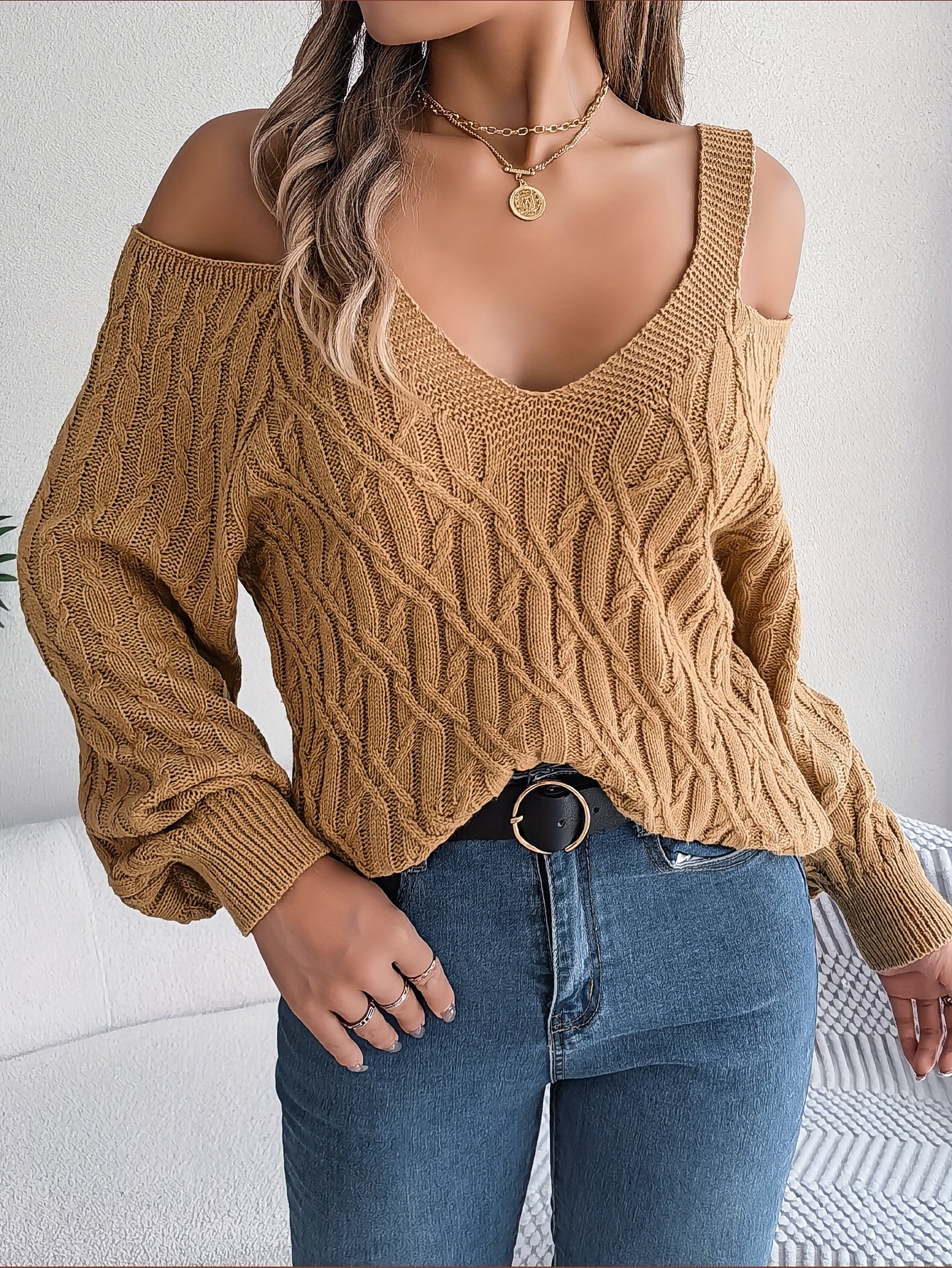 Cozy and Chic Cold Shoulder Cable Knit Sweater - V Neck Long Sleeve Women's Sweater MyFave Boutique