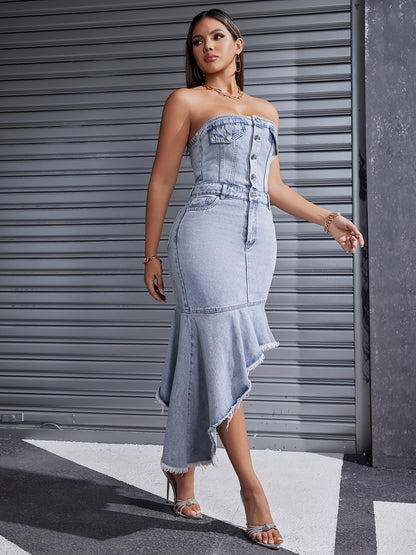 2024 Women's Sexy Denim Dress Sleeveless Halter Irregular Denim Dress Women's Casual Sleeveless Dress Off-the-shoulder Denim Dress MyFave Boutique