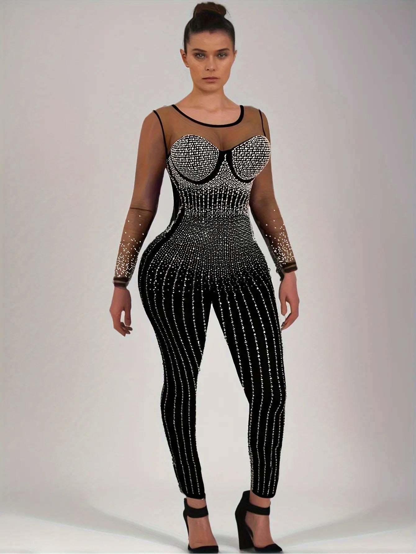 PORRCEY Plus Size Rhinestone Skinny Jumpsuit, Sexy Contrast Mesh Long Sleeve Jumpsuit For Nightclub, Women's Plus Size Clothing MyFave Boutique