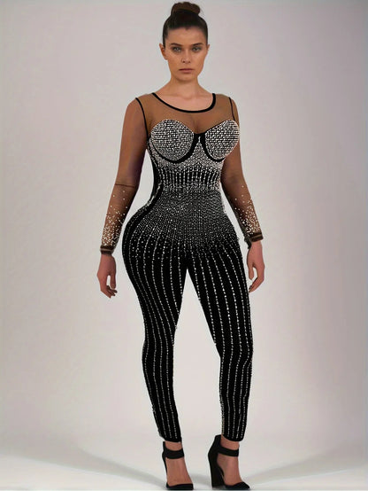 PORRCEY Plus Size Rhinestone Skinny Jumpsuit, Sexy Contrast Mesh Long Sleeve Jumpsuit For Nightclub, Women's Plus Size Clothing MyFave Boutique