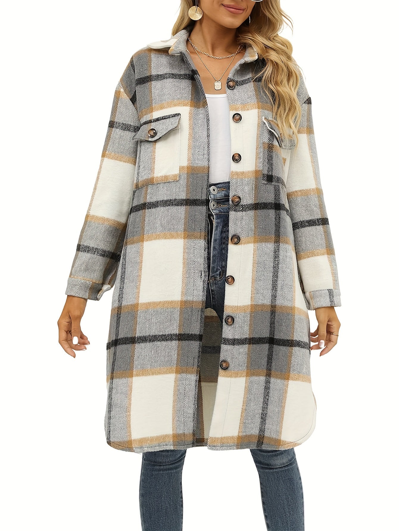 Women's Lounge Lapel Button Up Long Sleeve Plaid Long Shirt Jacket Shacket MyFave Boutique