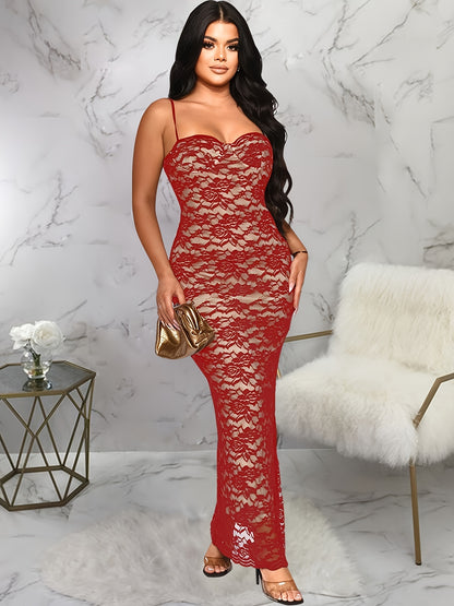 Lace Spaghetti Strap Dress, Sexy Sleeveless Bodycon Maxi Dress For Nightclub, Women's Clothing MyFave Boutique