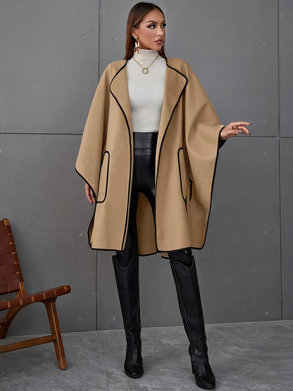 Contrast Trim Wrap Belted Lapel Coat, Elegant Long Batwing Sleeve Dual Pockets Longline Coat For Fall & Winter, Women's Clothing MyFave Boutique