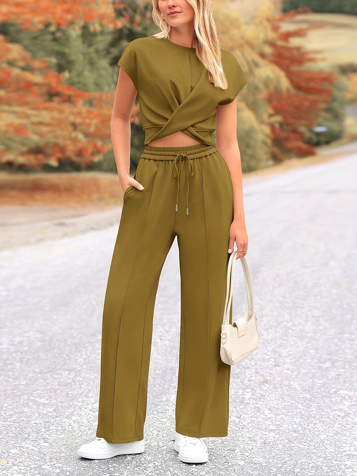 Women's Summer Two Piece Outfits Tracksuit Twist Front Crop Tops T Shirts Wide Leg Pants Matching Lounge Sets MyFave Boutique