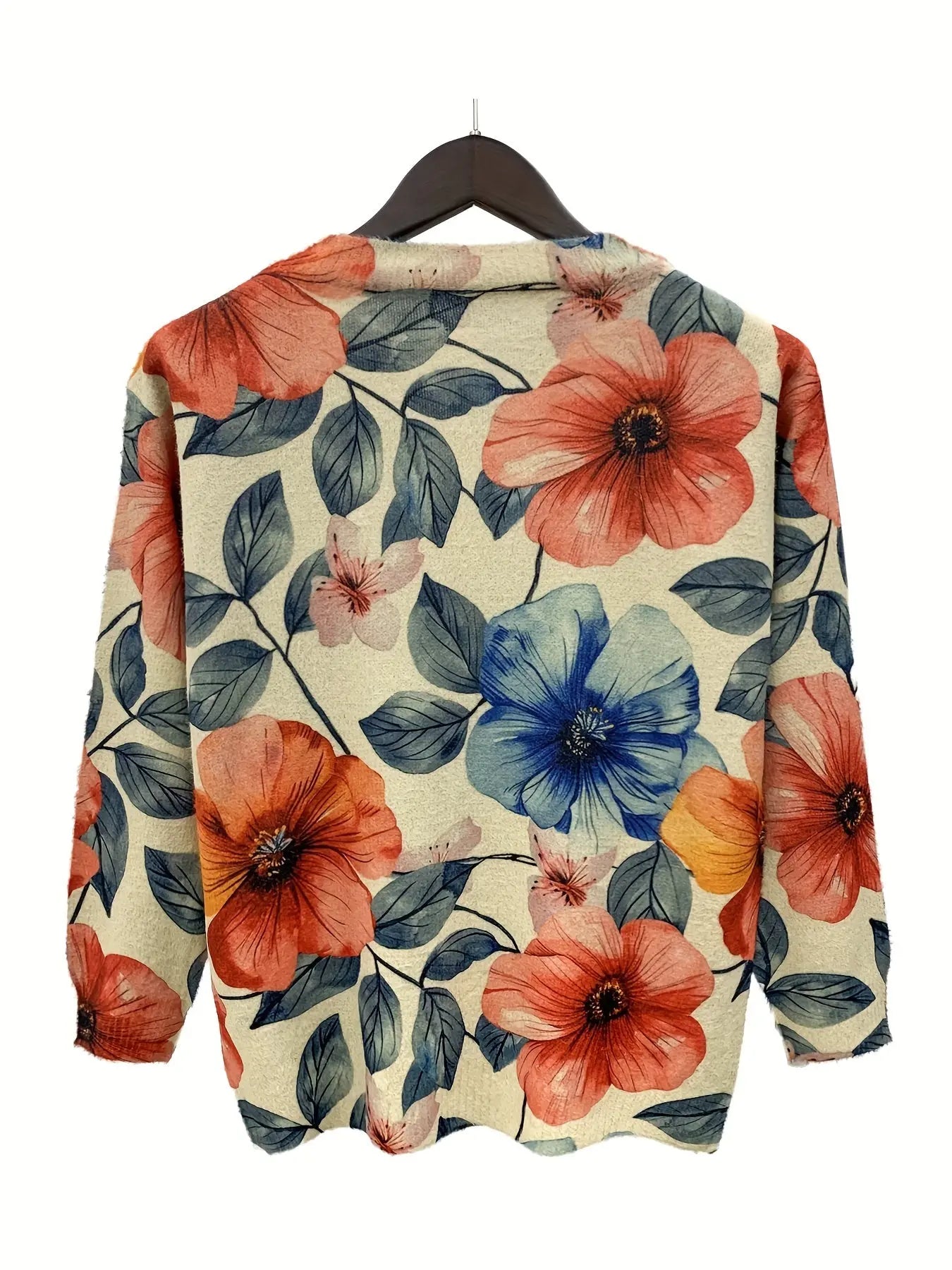 Women's Elegant V-Neck Long Sleeve Knit Sweater With Floral Print, Polyester Acrylic Blend, Autumn Winter Casual Wear MyFave Boutique