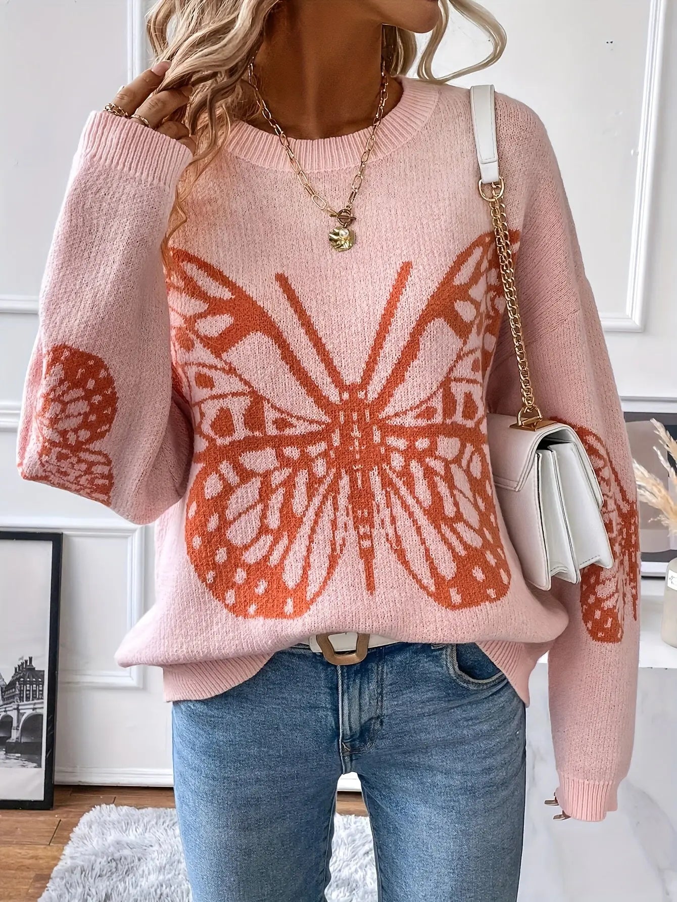 Elegant Butterfly Print Drop Shoulder Sweater for Women, Long Sleeve Fall Winter Cozy Knitwear MyFave Boutique