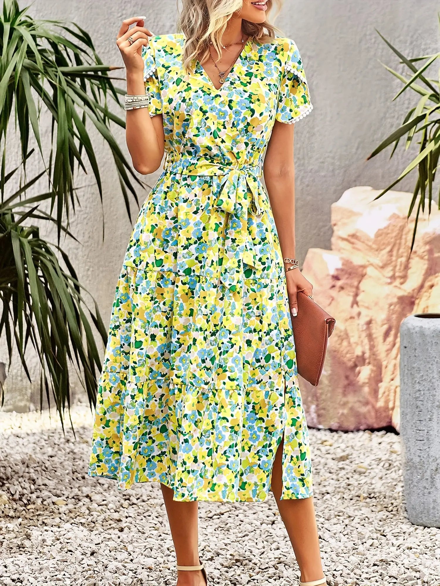 Floral Print Lace Up A-line Dress, Casual V Neck Short Sleeve Dress For Spring & Summer, Women's Clothing MyFave Boutique