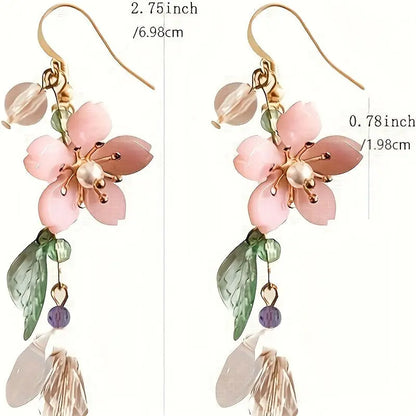 Floral Pink Cherry Blossom Dangle Earrings With Imitation Pearl Accents, Summer Breeze Pastoral Style, Classic Festive Ear Jewelry For Seaside Holidays MyFave Boutique