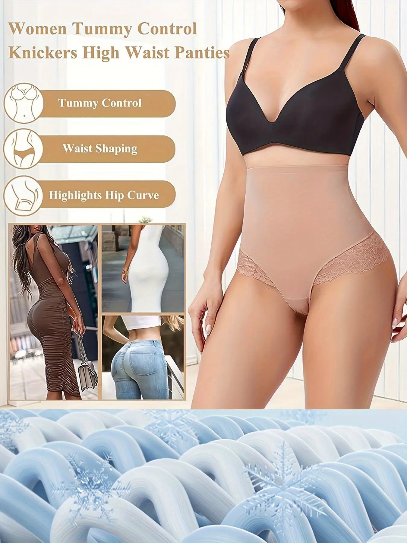 Contrast Lace High Waist Shaping Thongs, Tummy Control Compression Slimmer Panties To Lift & Shape Buttocks, Women's Underwear & Shapewear MyFave Boutique