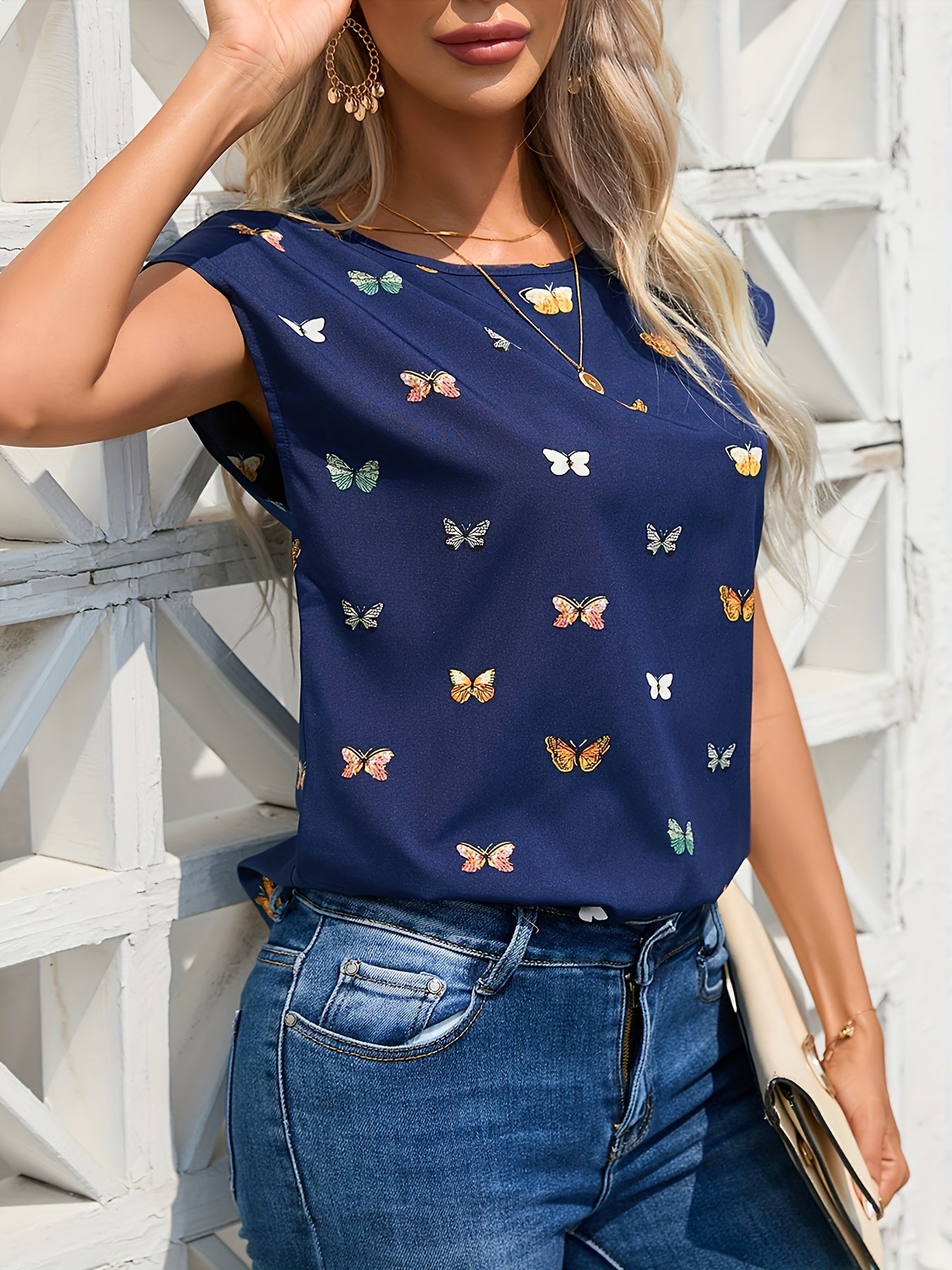 Butterfly Print Crew Neck Blouse, Casual Short Sleeve Blouse For Spring & Summer, Women's Clothing MyFave Boutique