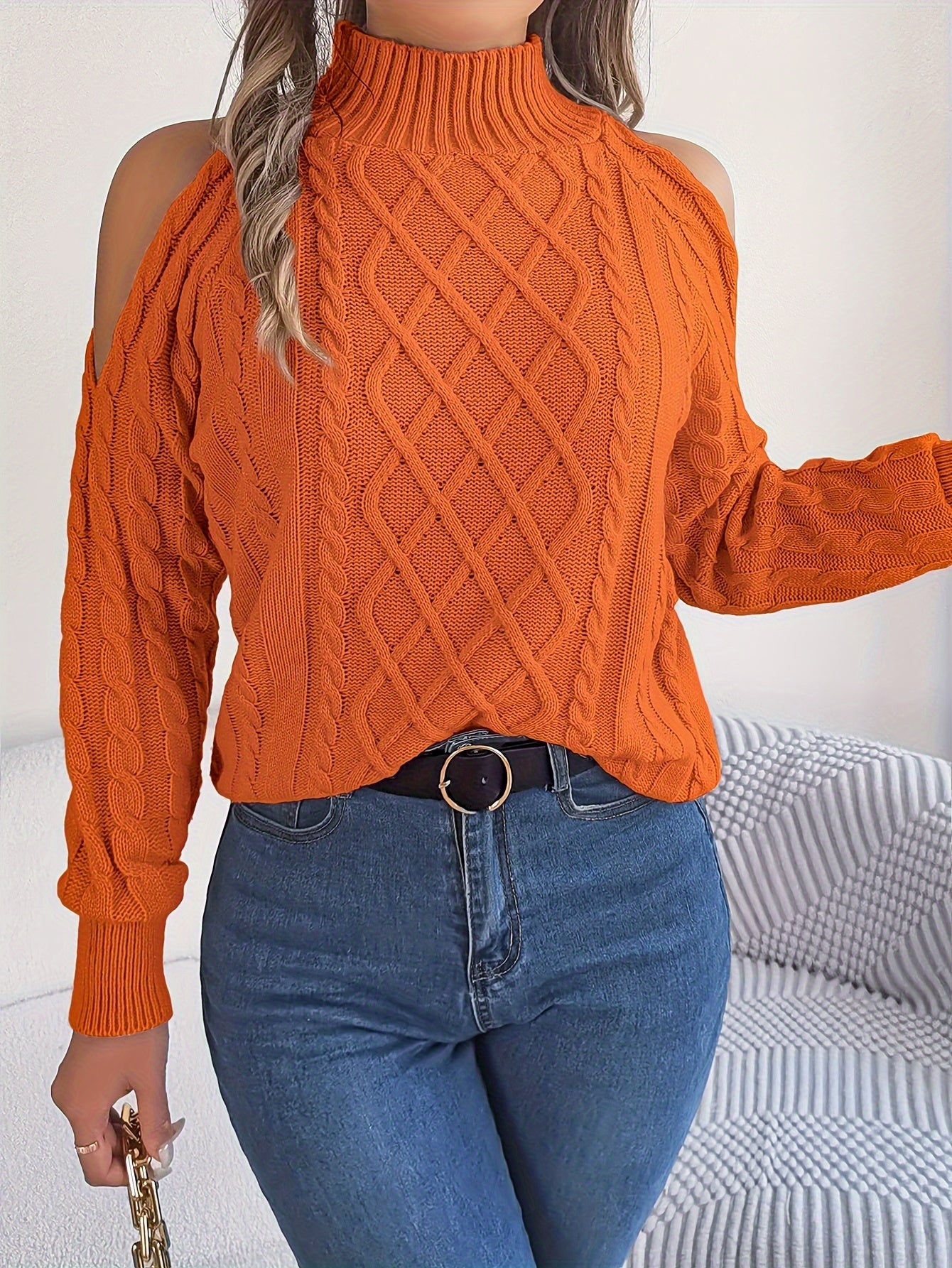 Solid Turtle Neck Cable Knit Sweater, Casual Cold Shoulder Long Sleeve Sweater, Women's Clothing MyFave Boutique