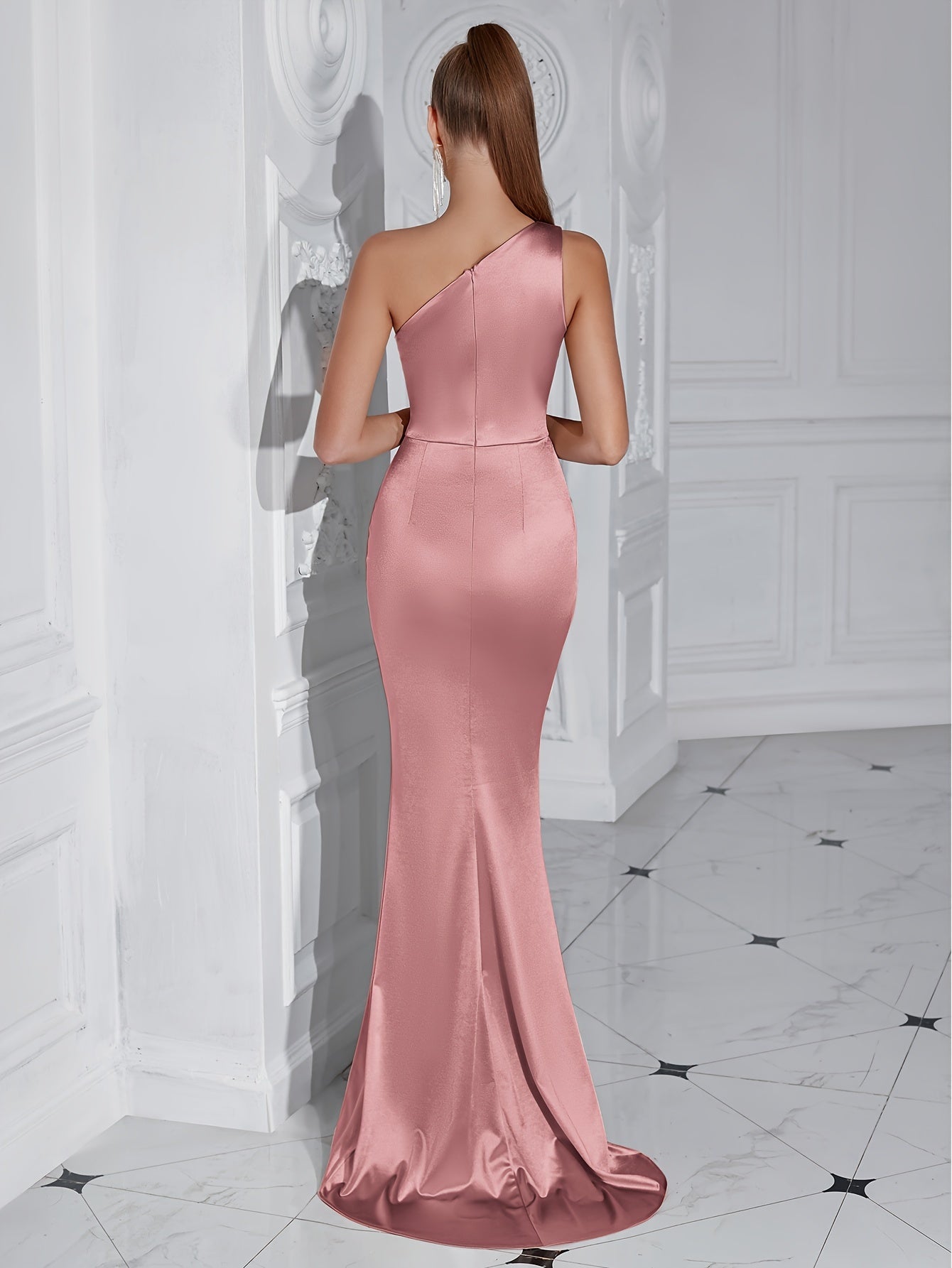 Women's Satin One-Shoulder Wrap Hem Floor-Length Evening Dress for Party and Banquet MyFave Boutique