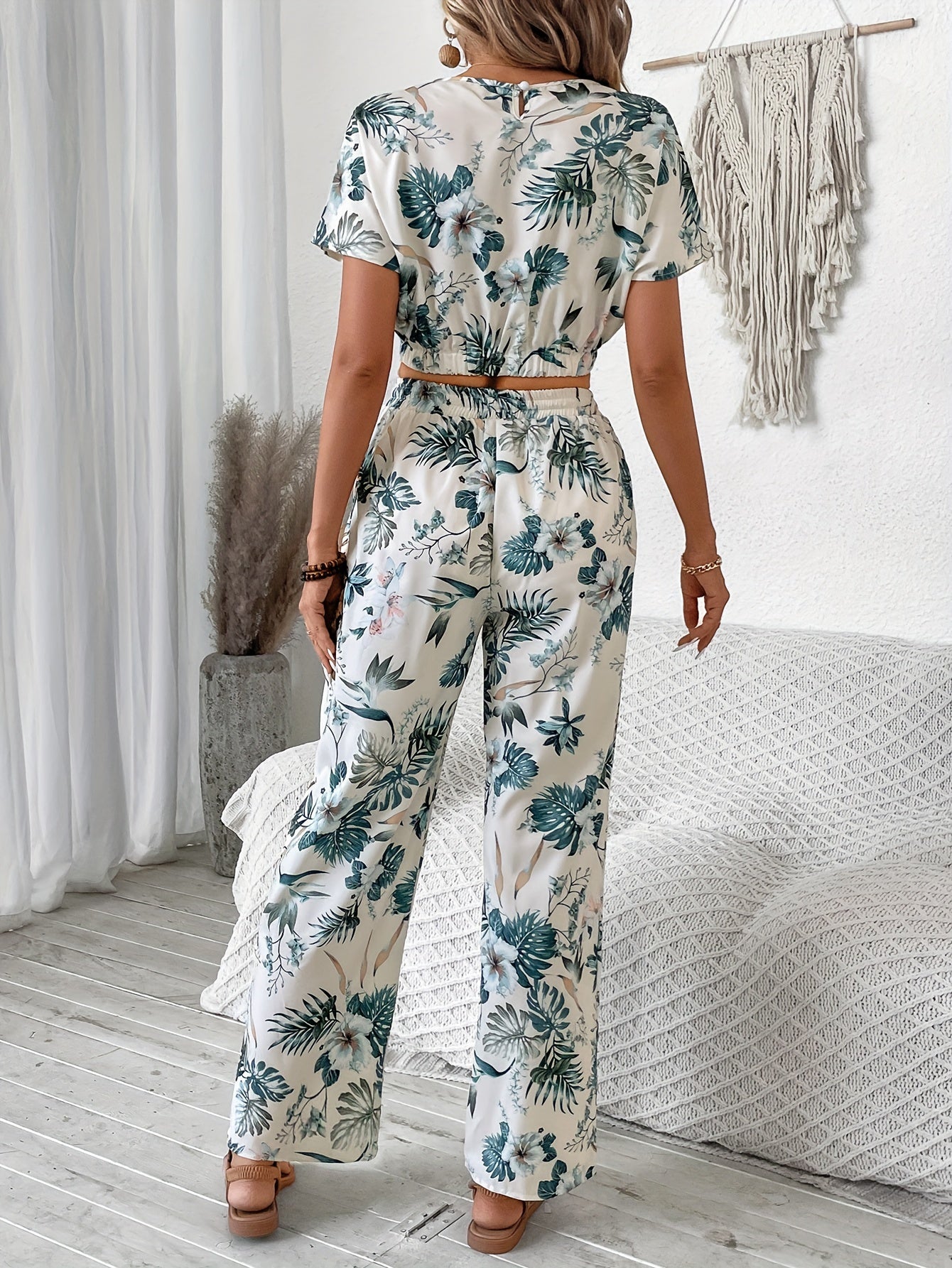 Floral Print Vacation Style Set, Crop Short Sleeve Crew Neck Blouse & Loose Wide Leg Pants, Women's Clothing MyFave Boutique