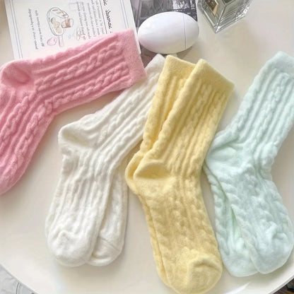 5 Pairs Pastel Twist Pattern Socks, Cute College Style Plush Mid-calf Socks For Fall & Winter, Women's Stockings & Hosiery MyFave Boutique