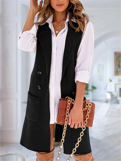 Women's Solid Color Sleeveless Cardigan with Lapel and Patched Pockets, Double-breasted Design, Ideal for Fall and Winter MyFave Boutique